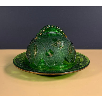 US Glass Green Gold Covered Butter Dish Vintage Pressed Glass