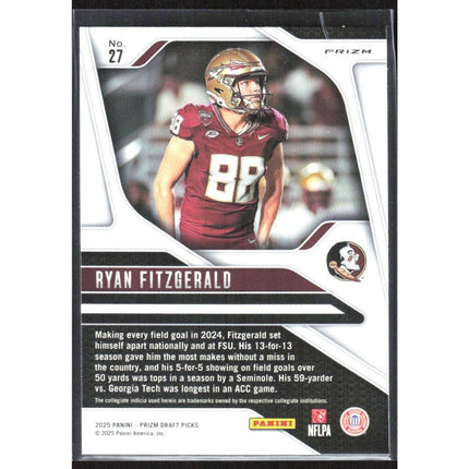 Ryan Fitzgerald 2025 Panini Prizm Draft Picks Prizms Gold Ice #27 Florida State