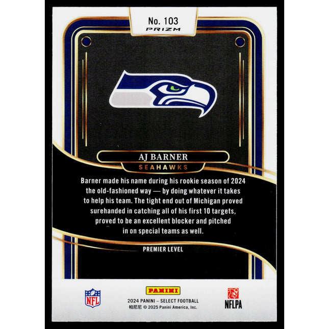 AJ Barner 2024 Panini Black Green Yellow Prism Shock #103 RC Seattle Seahawks