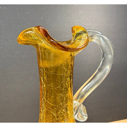 Yellow Crackle Glass Decanter with Stopper 9.5" Decorative Glass Bottle