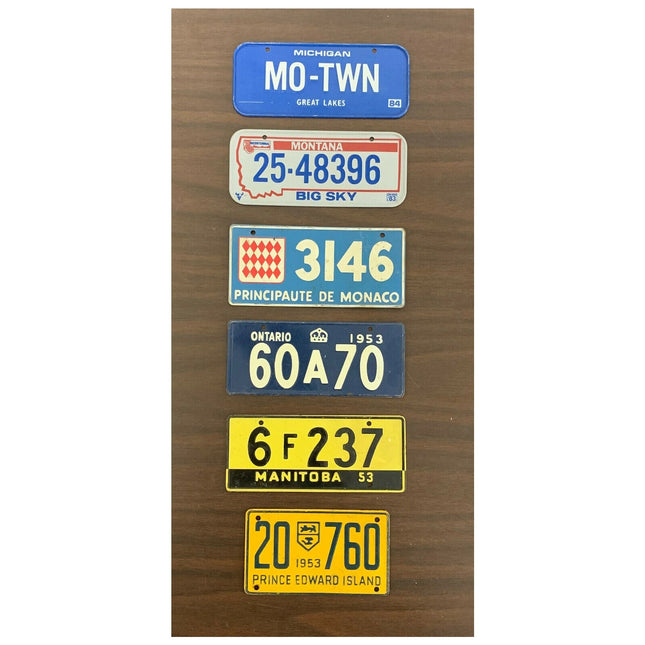 Lot of 6 Vintage Toy Bicycle License Plates – 1953 Canada & 1980s USA Metal Tags