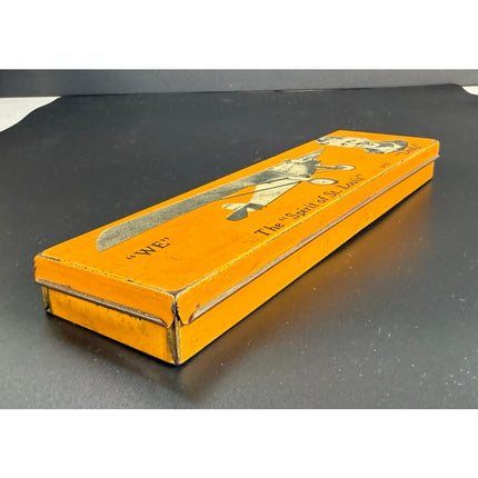 1927 Charles Lindbergh Spirit of St. Louis Orange Metal Pencil Box Case 8"