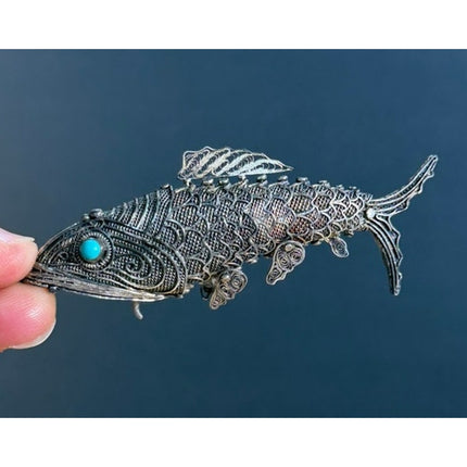 Vintage Koi Fish Sterling Silver Articulated Pomander Pendant Turquoise Eyes