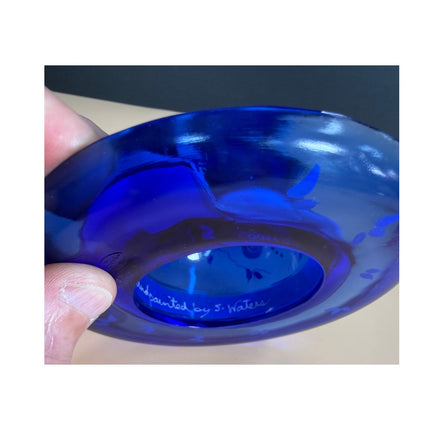 Fenton Cobalt Blue Bye Bye Butterfly Hand Painted Glass Art Hat w/ Stand 21/2500