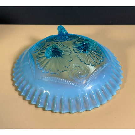 Antique Blue Opalescent Pretzel Footed Bowl Ruffled Rings Art Glass 9"