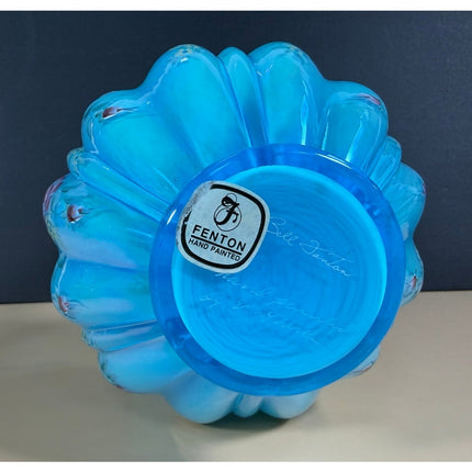 Fenton Signed Bill Fenton Hand Painted Blue Ruffle Glass Vase Basket Label