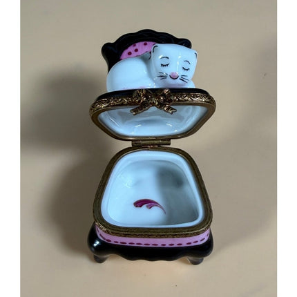 Limoges France Porcelain Cat Napping on Chair Figurine Hand Painted Trinket Box