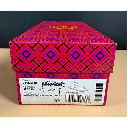 Tory Burch Reef Turquoise Brown Leather Toe Ring Flat Slide Sandals W6.5 NIB