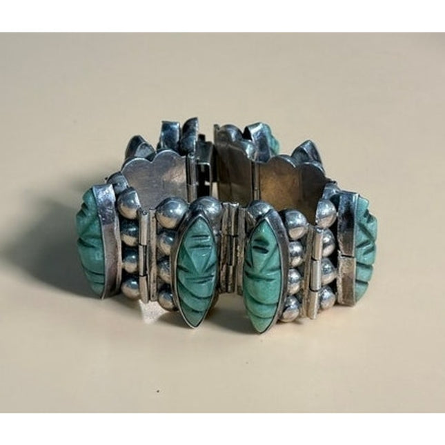 Vintage Sterling Silver Mexico Cabochon Link Bracelet 6.75" Stamped