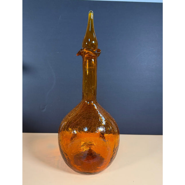 Vintage Orange Crackle Art Glass Decanter Stoppered Bottle