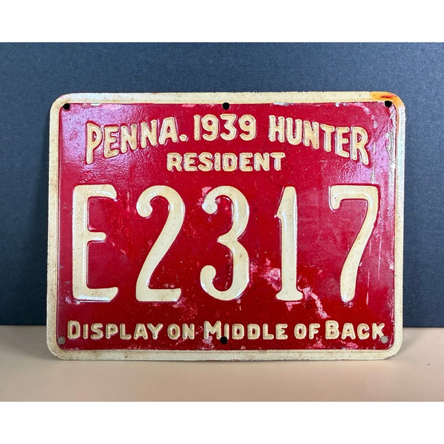 1939 Pennsylvania Resident Hunting License Metal Plate Tag Vintage Collectible