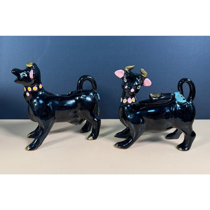 Vintage Redware Cow Creamer & Sugar Set Hand Painted Pottery