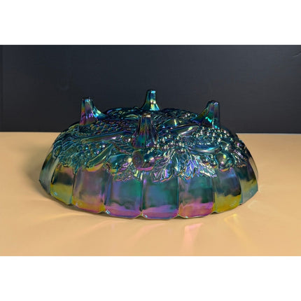 Indiana Glass Harvest Grape Carnival Glass Iridescent Footed Bowl 12" Vintage