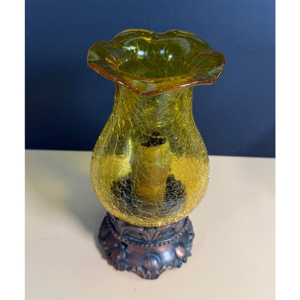 Vintage Crackle Glass Candle Lamp Yellow 9" Gold Painted Cast Base