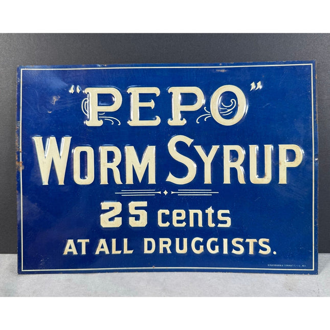 Vintage PEPO Worm Syrup Embossed Tin Advertising Sign