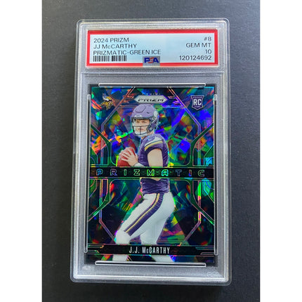 JJ McCarthy 2024 Prizm 8 Vikings Prizamtic Ice PSA 10