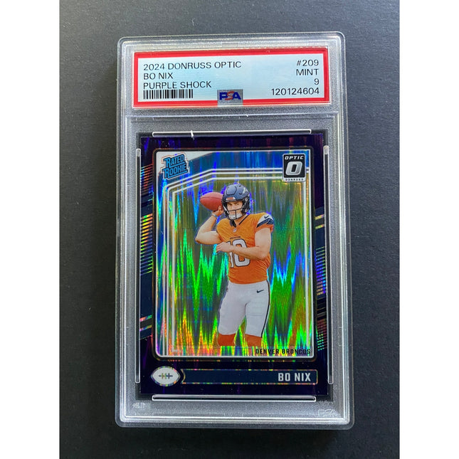 Bo Nix 2024 Optic 209 Broncos Purple Shock PSA 9