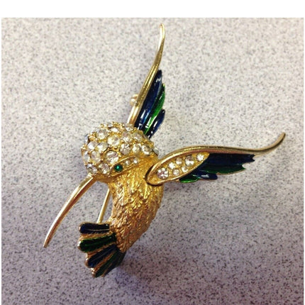 Vintage Sphynx Signed Rhinestone & Enamel Hummingbird Pin Brooch