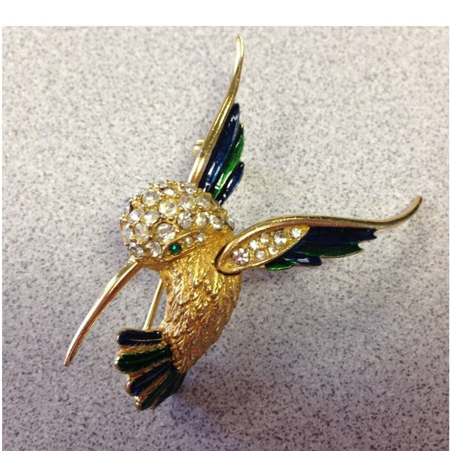 Vintage Sphynx Signed Rhinestone & Enamel Hummingbird Pin Brooch