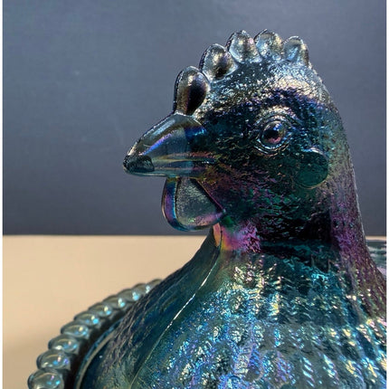 Indiana Glass Iridescent Blue Carnival Hen on Nest Covered Dish 7" Vintage