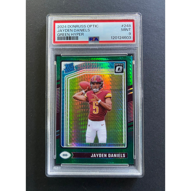 Jayden Daniels 2024 Optic 248 Commanders Rated Rookie Green Hyper PSA 9