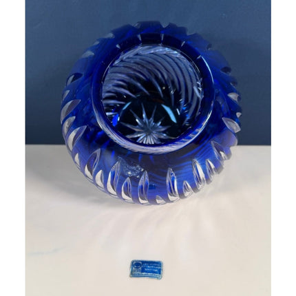 Lausitzer Glas Blue Hand-Cut Art Glass Vase East Germany w/ Label Vintage