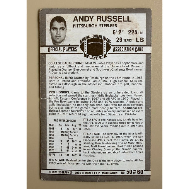 1971 Kellogg’s 3-D Super Stars Andy Russell #50 Pittsburgh Steelers