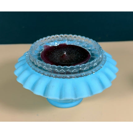 Fenton Blue Satin Persian Medallion 3-Piece Ribbed Fairy Lamp Candle Holder 6.5"