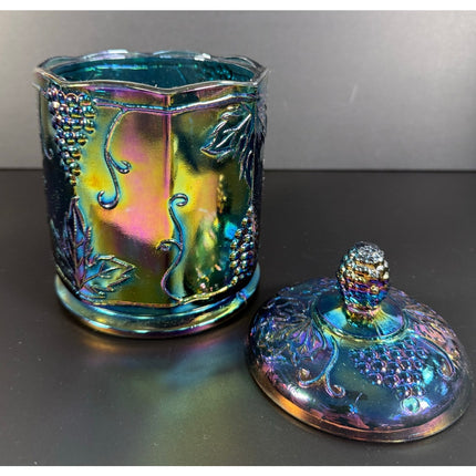 Indiana Carnival Glass Canister Candy Jar w Lid Iridescent Blue Grape