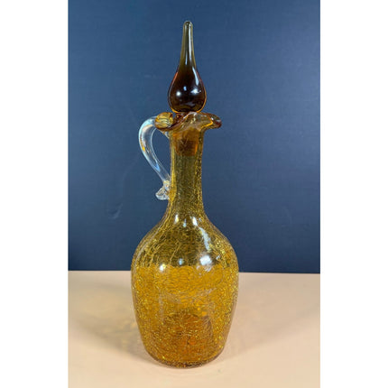 Yellow Crackle Glass Decanter with Stopper 9.5" Decorative Glass Bottle