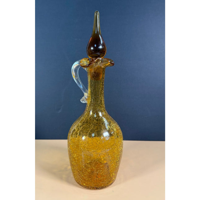 Yellow Crackle Glass Decanter with Stopper 9.5" Decorative Glass Bottle