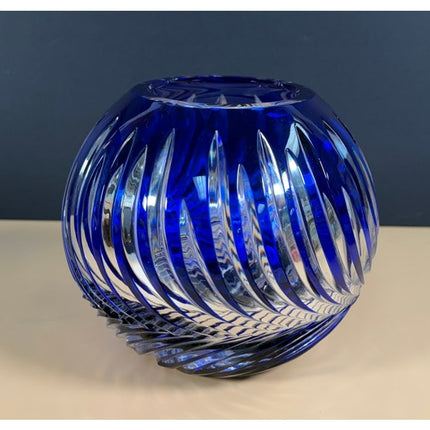 Lausitzer Glas Blue Hand-Cut Art Glass Vase East Germany w/ Label Vintage