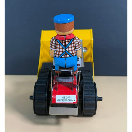 Wind-Up Tin Litho Bulldozer Tractor Front Loader with Key China OB 8"