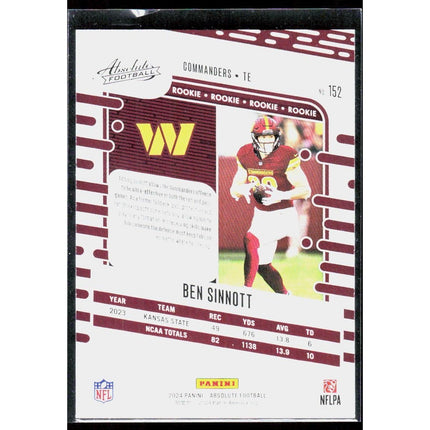 Ben Sinnott 2024 Panini Absolute Retail #152 RC Washington Commanders