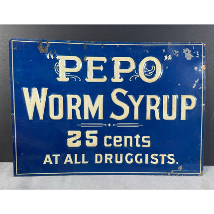 PEPO Worm Syrup Early Embossed Tin Advertising Sign