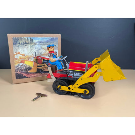 Wind-Up Tin Litho Bulldozer Tractor Front Loader with Key China OB 8"