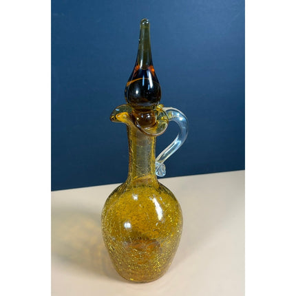 Yellow Crackle Glass Decanter with Stopper 9.5" Decorative Glass Bottle