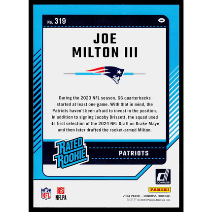 Joe Milton III 2024 Donruss #319 RC New England Patriots