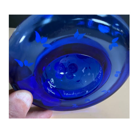 Fenton Cobalt Blue Bye Bye Butterfly Hand Painted Glass Art Hat w/ Stand 21/2500