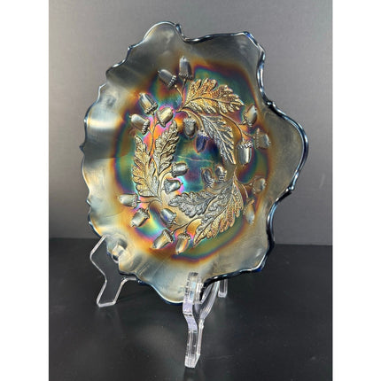 Fenton Cobalt Blue Carnival Glass Acorn 7½" Dish Collectible