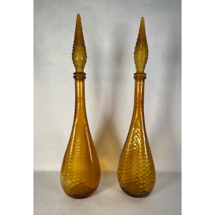 MCM Empoli Amber Glass Genie Decanters w/ Stoppers Italy 22.5" Tall