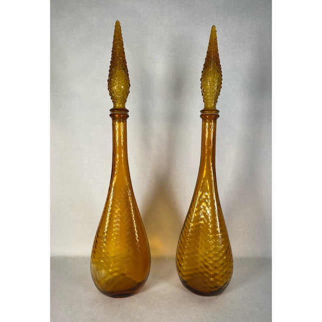 MCM Empoli Amber Glass Genie Decanters w/ Stoppers – Italy 22.5" Tall