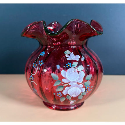 Fenton Cranberry Glass Vase Hand Signed C. Smith Painted Floral Ruffled Rim