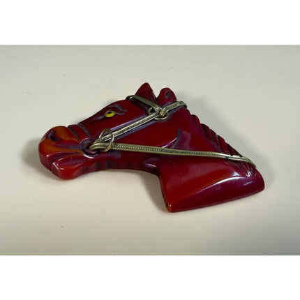 Bakelite Horse Brooch Brownish Red with Gold Trim 2.5" Vintage Pin Jewelry