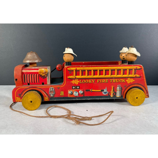 Fisher Price 12” Lookey Wooden Fire Truck Pull Toy Vintage Working