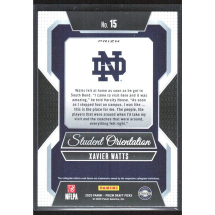 Xavier Watts 2025 Panini Prizm Draft Picks Student Orienta Gold Ice #15 Notre