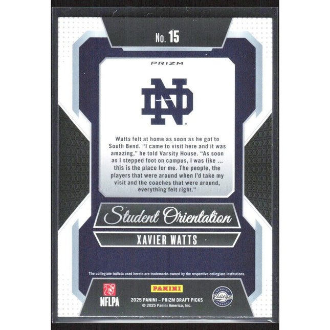 Xavier Watts 2025 Panini Prizm Draft Picks Student Orienta Gold Ice #15 Notre
