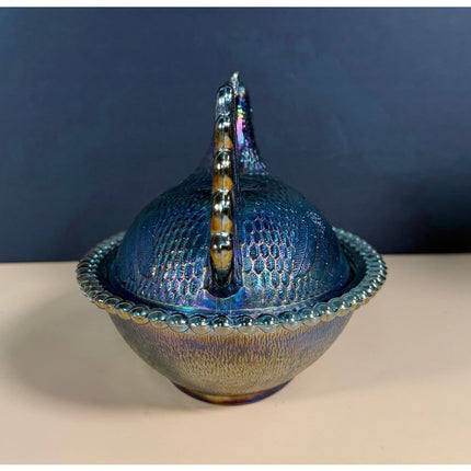 Indiana Glass Iridescent Blue Carnival Hen on Nest Covered Dish 7" Vintage