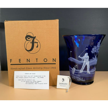 Fenton Art Glass 2010 Dad's Day Out Vase 2744EE Cobalt Hand Painted 8" OB