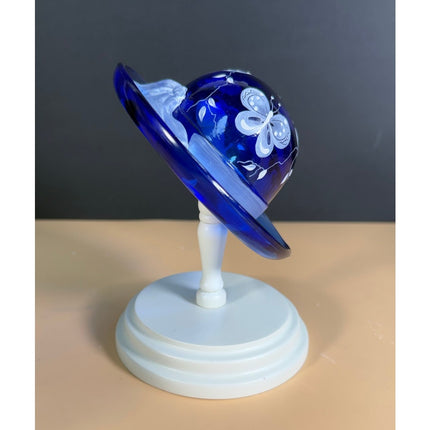 Fenton Cobalt Blue Bye Bye Butterfly Hand Painted Glass Art Hat w/ Stand 21/2500